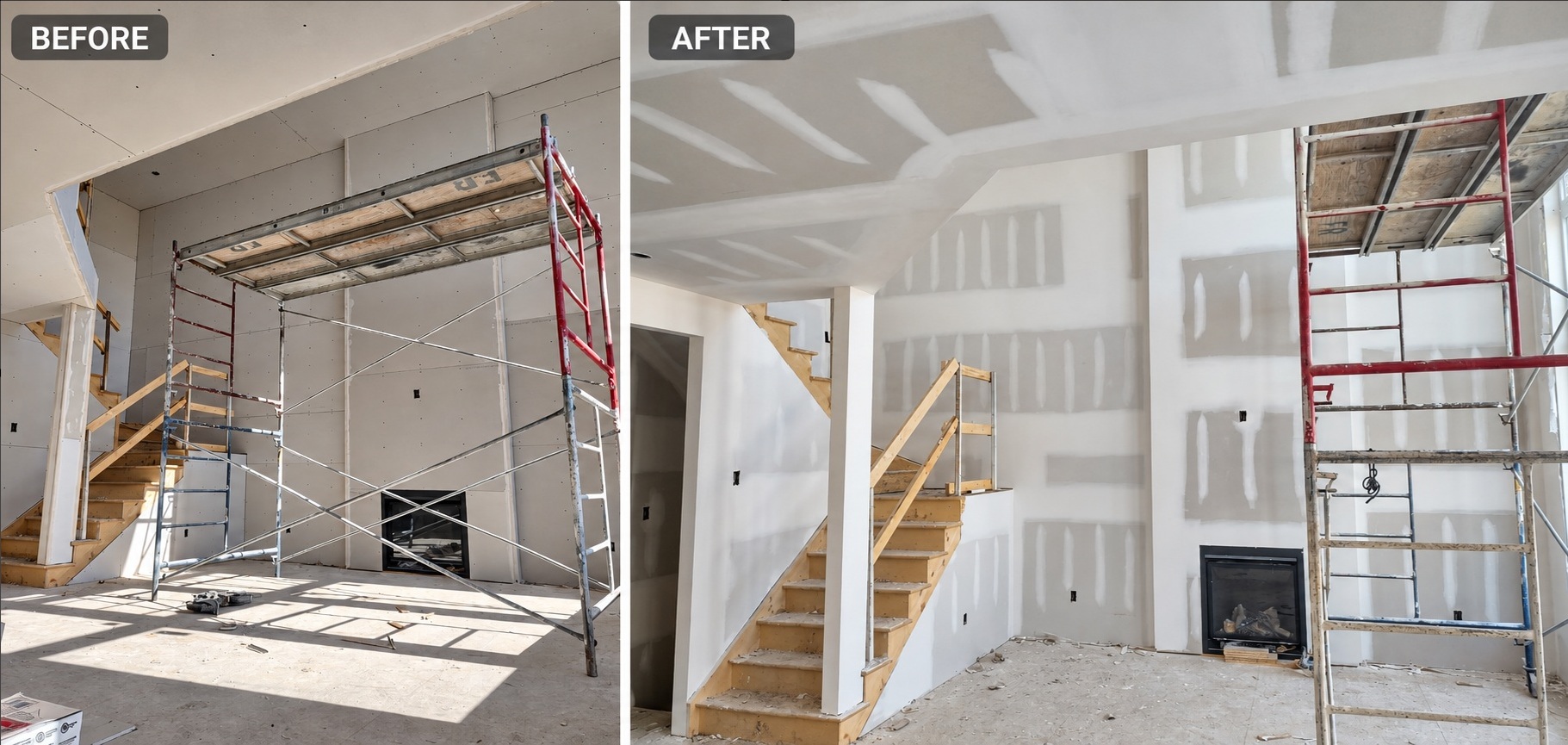 Fireplace wall & stair opening — before and after joint finishing.