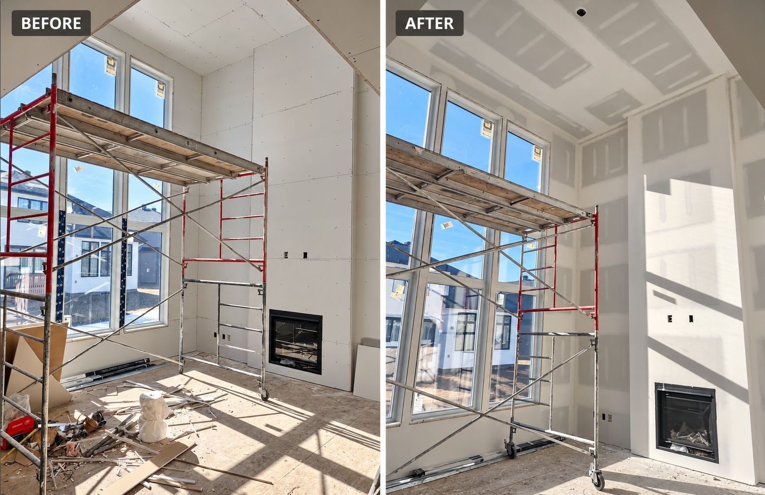 Double-height room before drywall finishing with scaffolding
