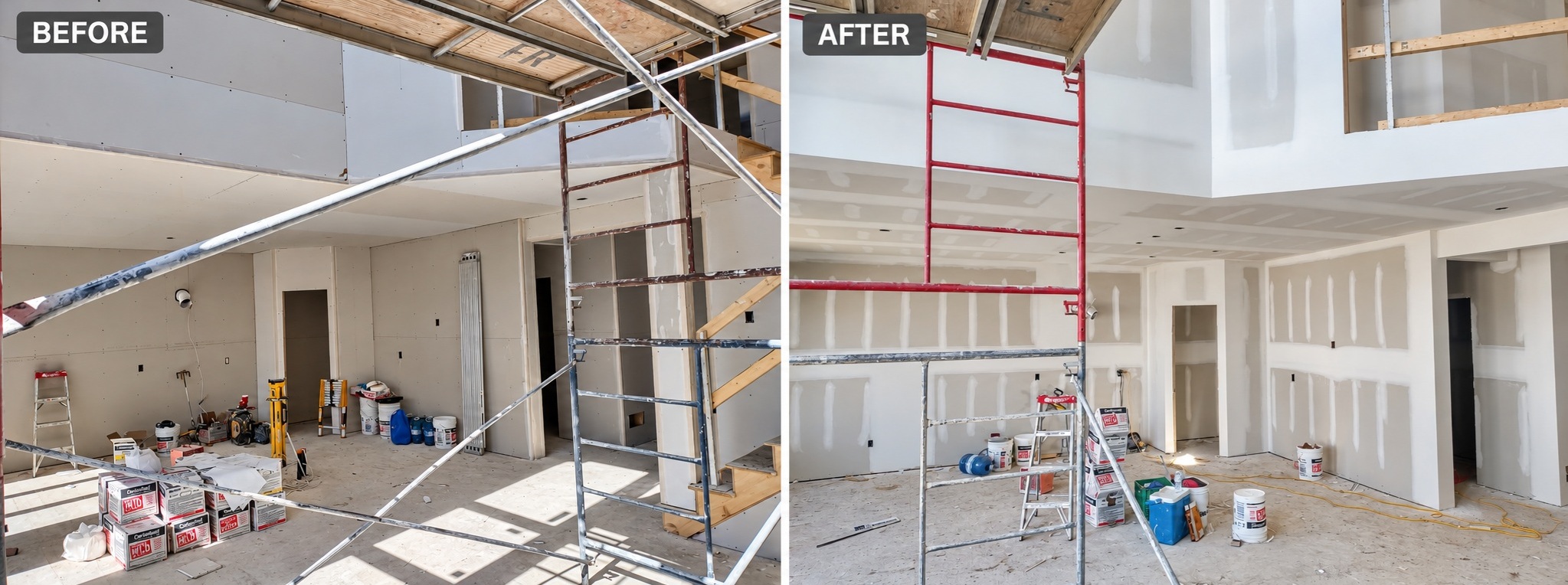 The room from the opposite side — wall and ceiling joints in progress.