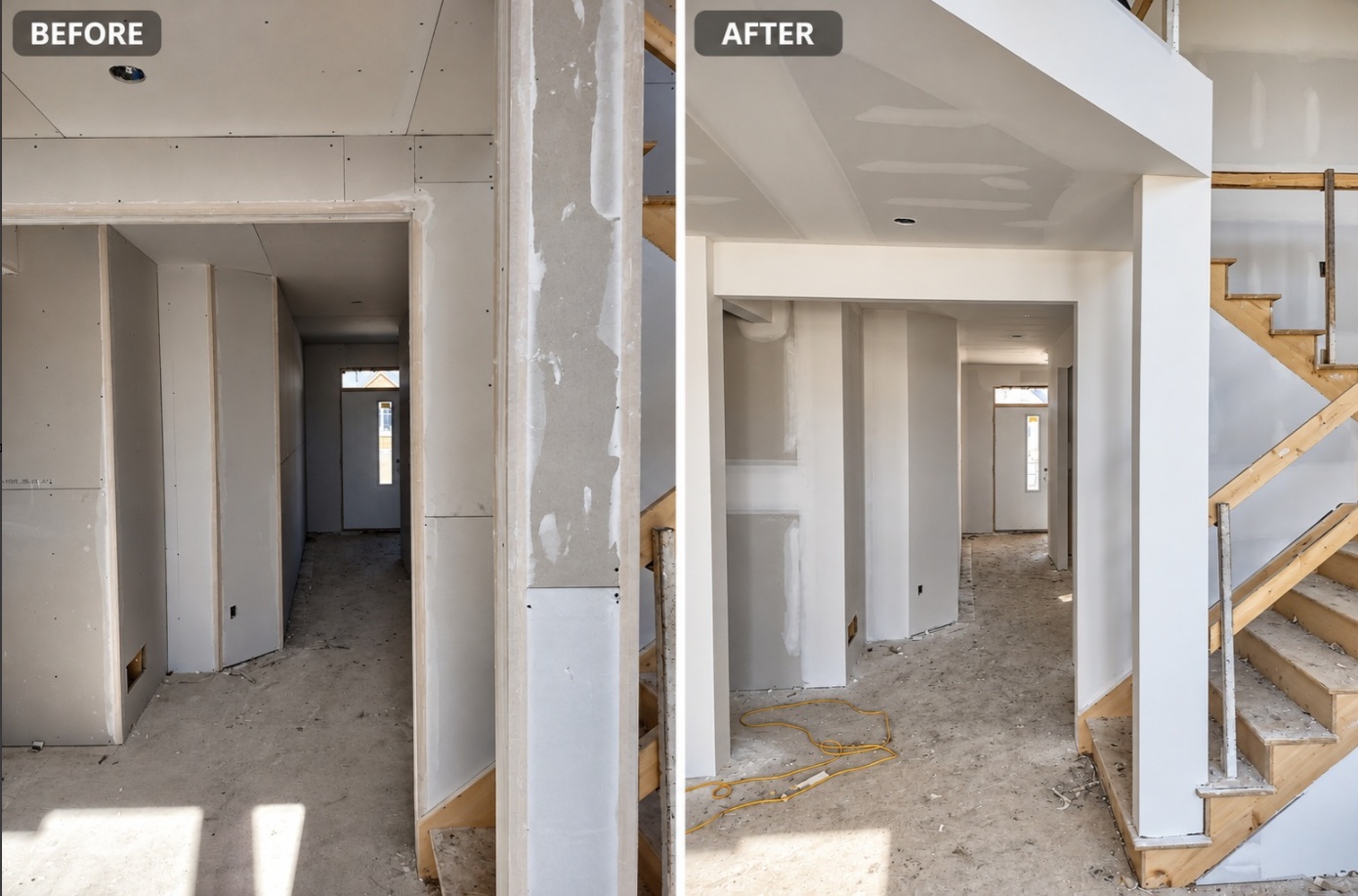 Stair-side passage — bulkhead and opening details before and after taping.