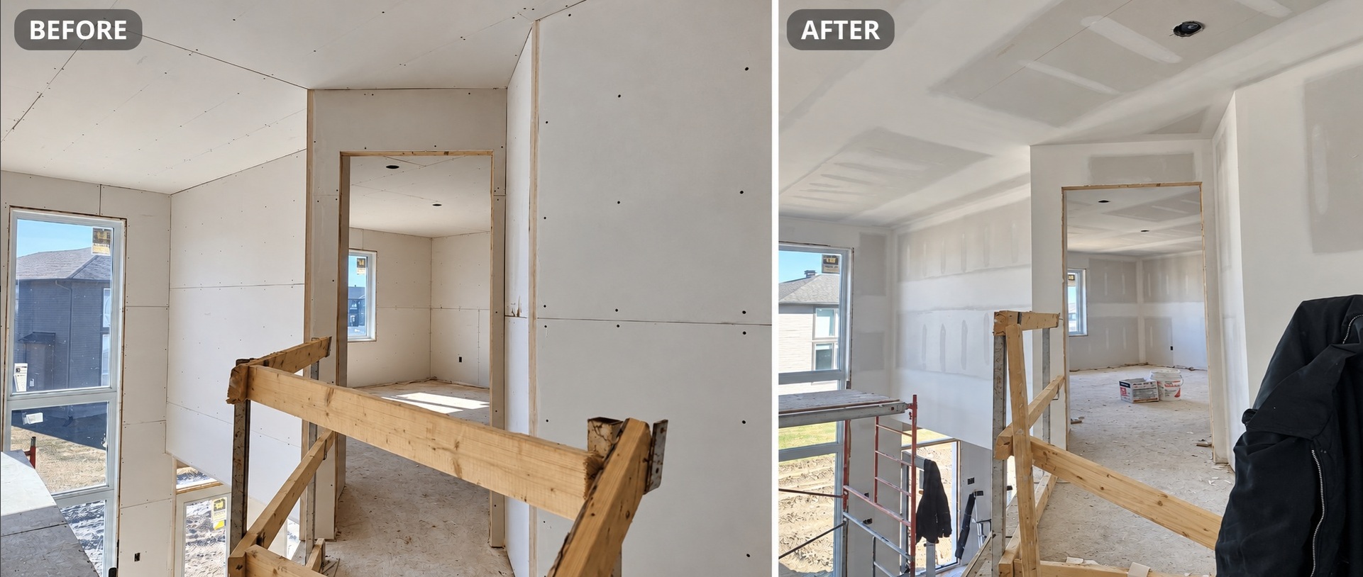 Upper landing — joints, ceiling transitions and doorway returns.